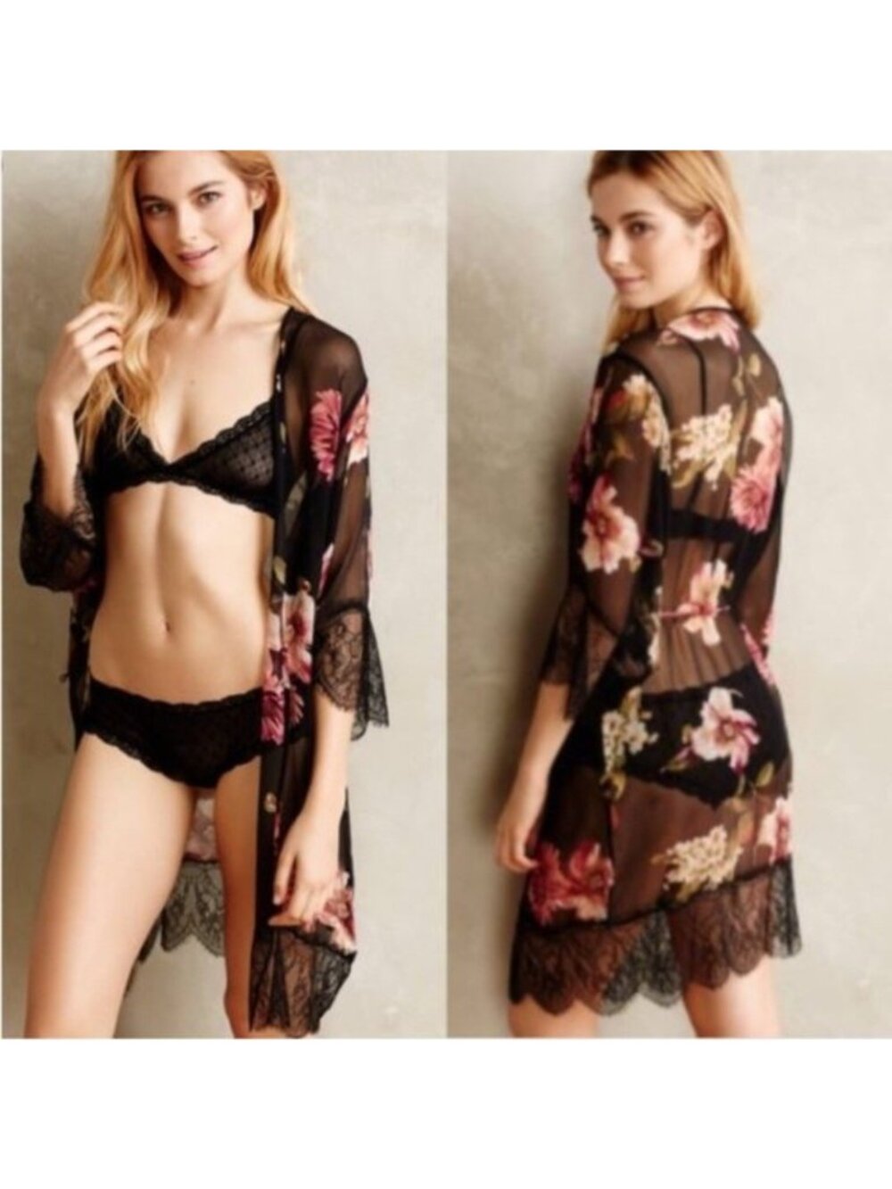 Anthropologie E by Eloise Dahlia Black Floral Silk Chiffon Lace Wrap Robe